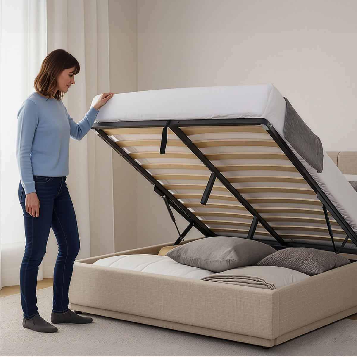 LED ČALOUNĚNÁ POSTEL Tröstiar - béžová, kov/kompozitní dřevo (140/200cm) - [en.casa]