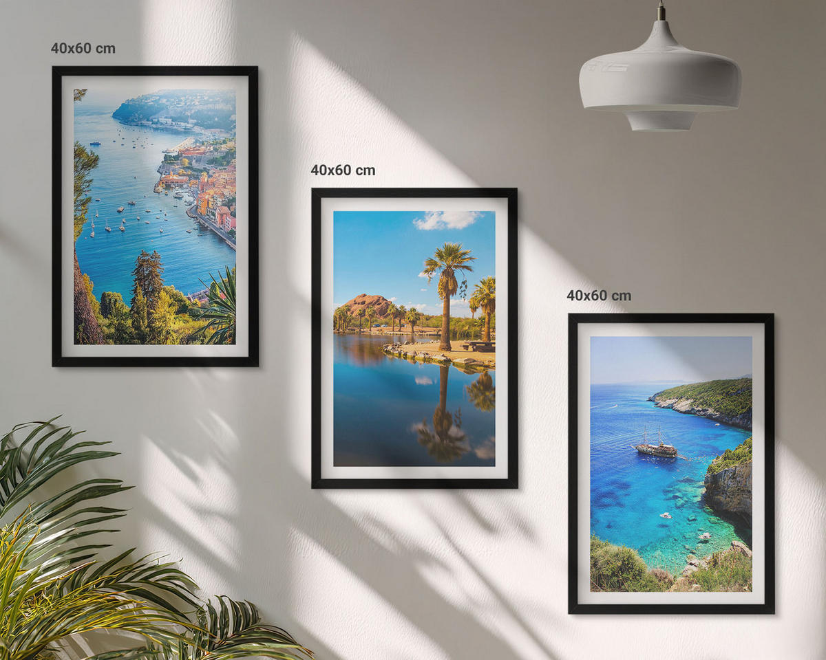 BILDER SET 3er Set - 40x60 cm Schwarzer Rahmen - Palmen am Meer, blaues Wasser - Schwarz, Kunststoff (40/60cm) - TULUP