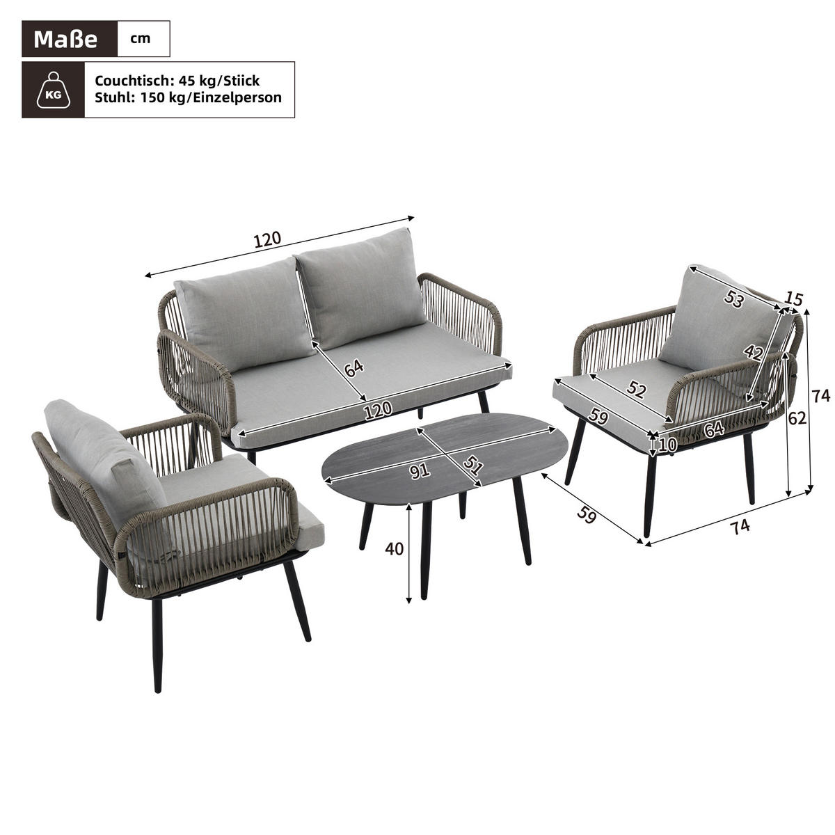 LOUNGESET Grau 2-Sitzer 2 Sessel Couchtisch Handgeflochten - Grau, Textil - FLIEKS