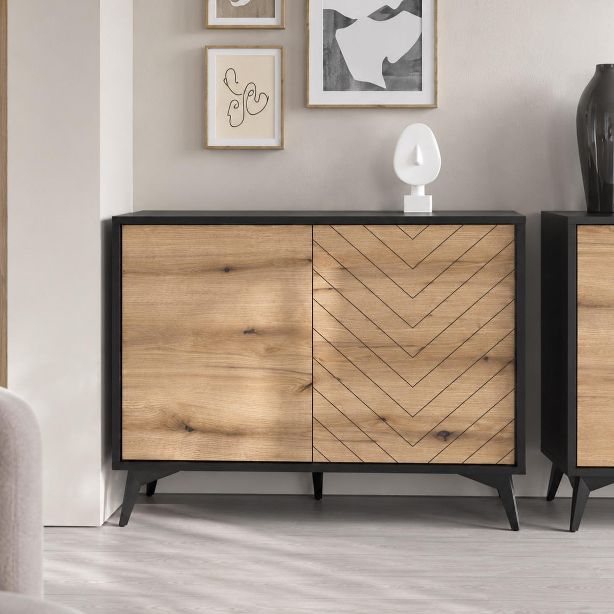 KOMMODE DIAMOND K2D (Eiche Evoke, Schwarz, Fischgrätmuster, Metallfüße, Push to Open) - Eichefarben/Schwarz, Holz/Holzwerkstoff (104/77/39cm) - Ravio
