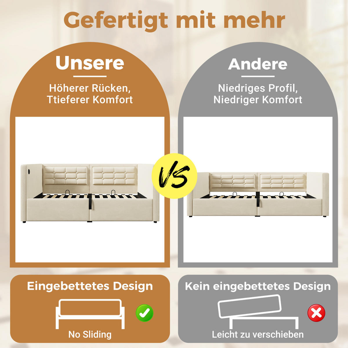 SCHLAFSOFA aus Samt 90x200 cm Beige mit hydraulischem Stauraum, USB- und Type-C-Ladestation - Beige, Textil (90/200cm) - IVMEU