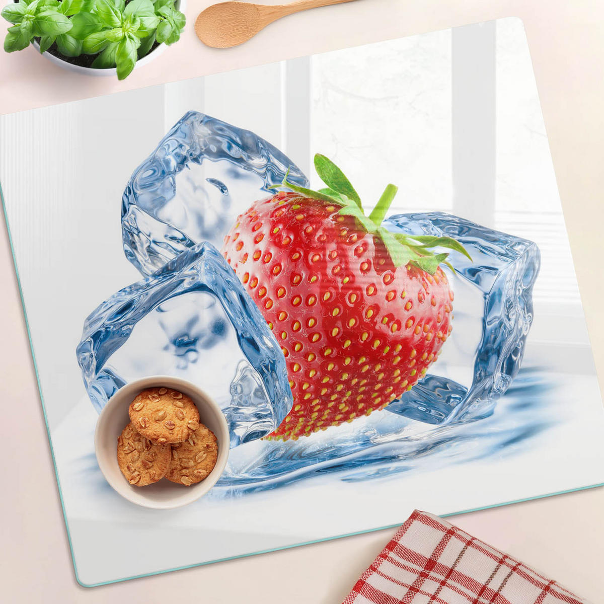 GLASPLATTE 60x52 cm Erdbeere mit Eis - Rot, Glas (60/0.4/52cm) - TULUP