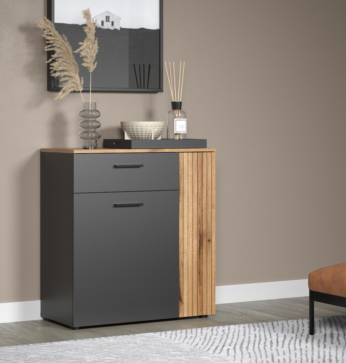KOMMODE grau, Eiche Evoke 80 cm, Sideboard in modernem Design - Eichefarben/Anthrazit, Holzwerkstoff/Kunststoff (80/86/38cm) - Top.Furn