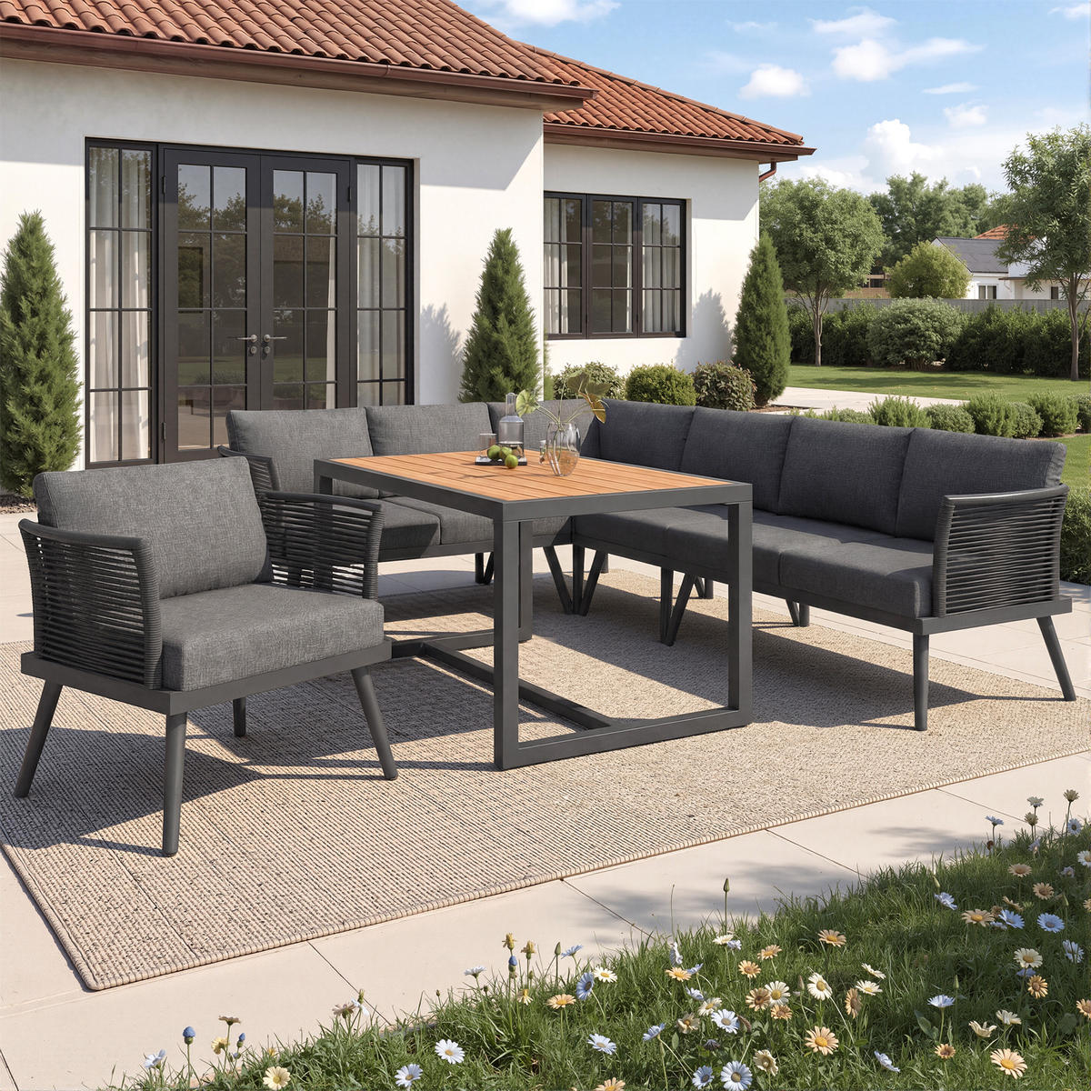 GARTENSET L-Form 7 Personen Grau Inkl. Tisch & Sessel Mit Polstern - Grau, Metall - FLIEKS