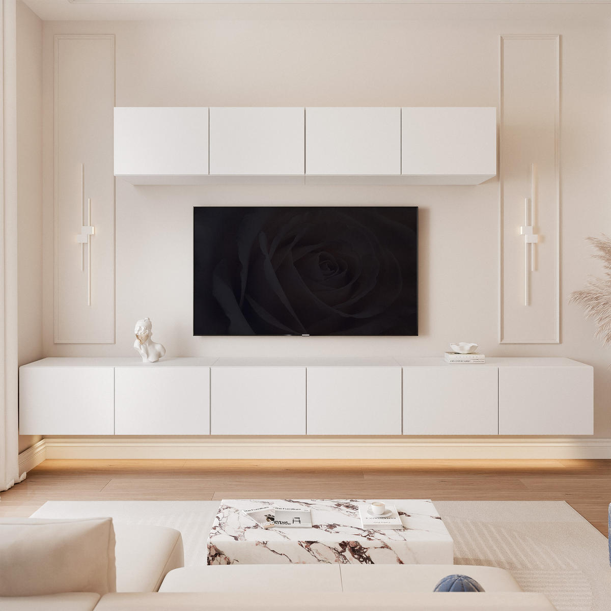 WOHNWAND ANGEL III Mattweiß hängend mit LED-Beleuchtung 300 cm - Weiß, Holzwerkstoff (300/36/40cm) - Idohome
