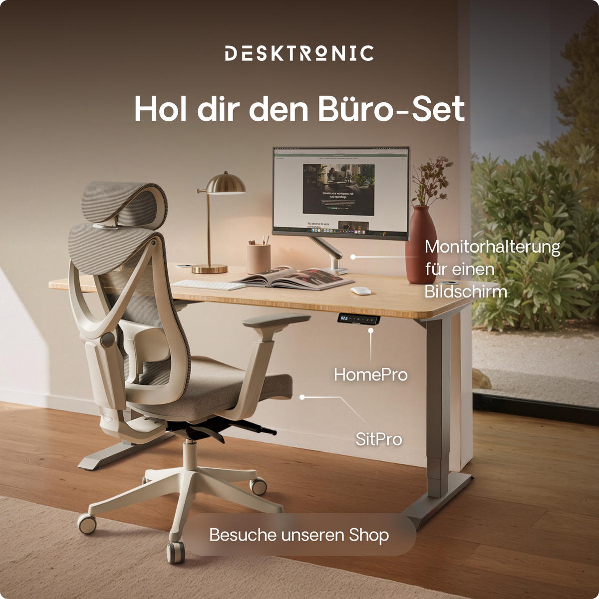 SCHREIBTISCH Elektrisch Höhenverstellbarer HomePro 140x70cm Grau/Bambus mit Memory-Funktion, Anti-Kollisions Technologie - Hellgelb/Grau, Holz (70/140/63.5cm) - Desktronic