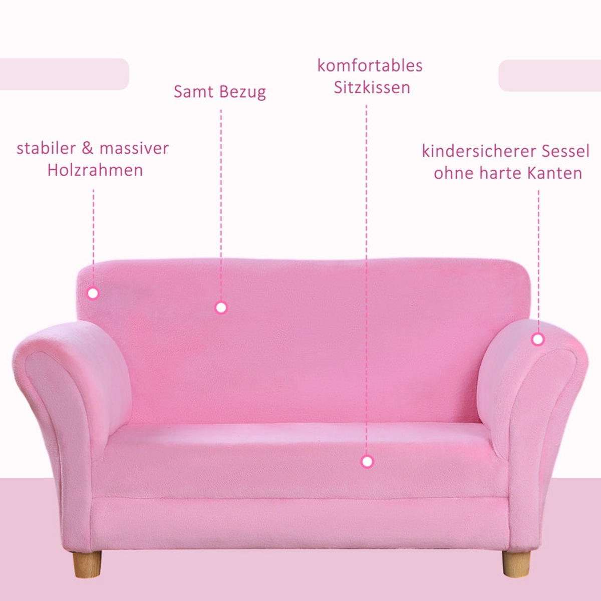 KINDERSOFA mit Holzgestell, Schaumstoffpolster, Erdbeer-Kissen 90/53/48 cm Pink - Pink, Holz (53/48/90cm) - Redom