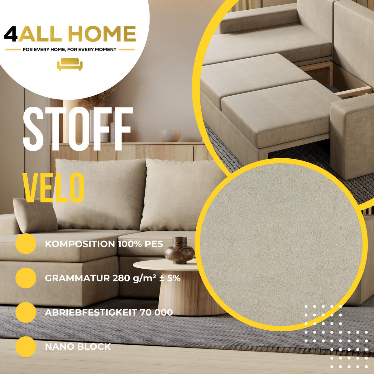 ECKSOFA Paco mit Bettkasten und Schlaffunktion, L-Form/XL-Form, Velourstoff, Universal - Beige, Holzwerkstoff (246/145cm) - 4ALL HOME