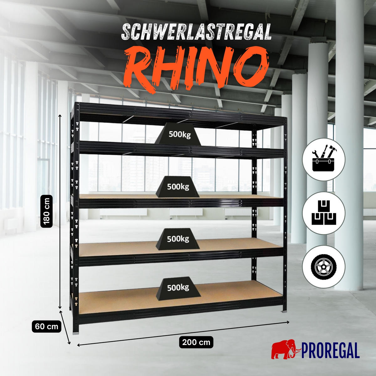 SCHWERLASTREGAL Rhino 180x200x60 cm 5 Spanplatten-Ebenen 8mm Fachlast 500 kg Schwarz - Schwarz, Metall (200/180/60cm) - PROREGAL