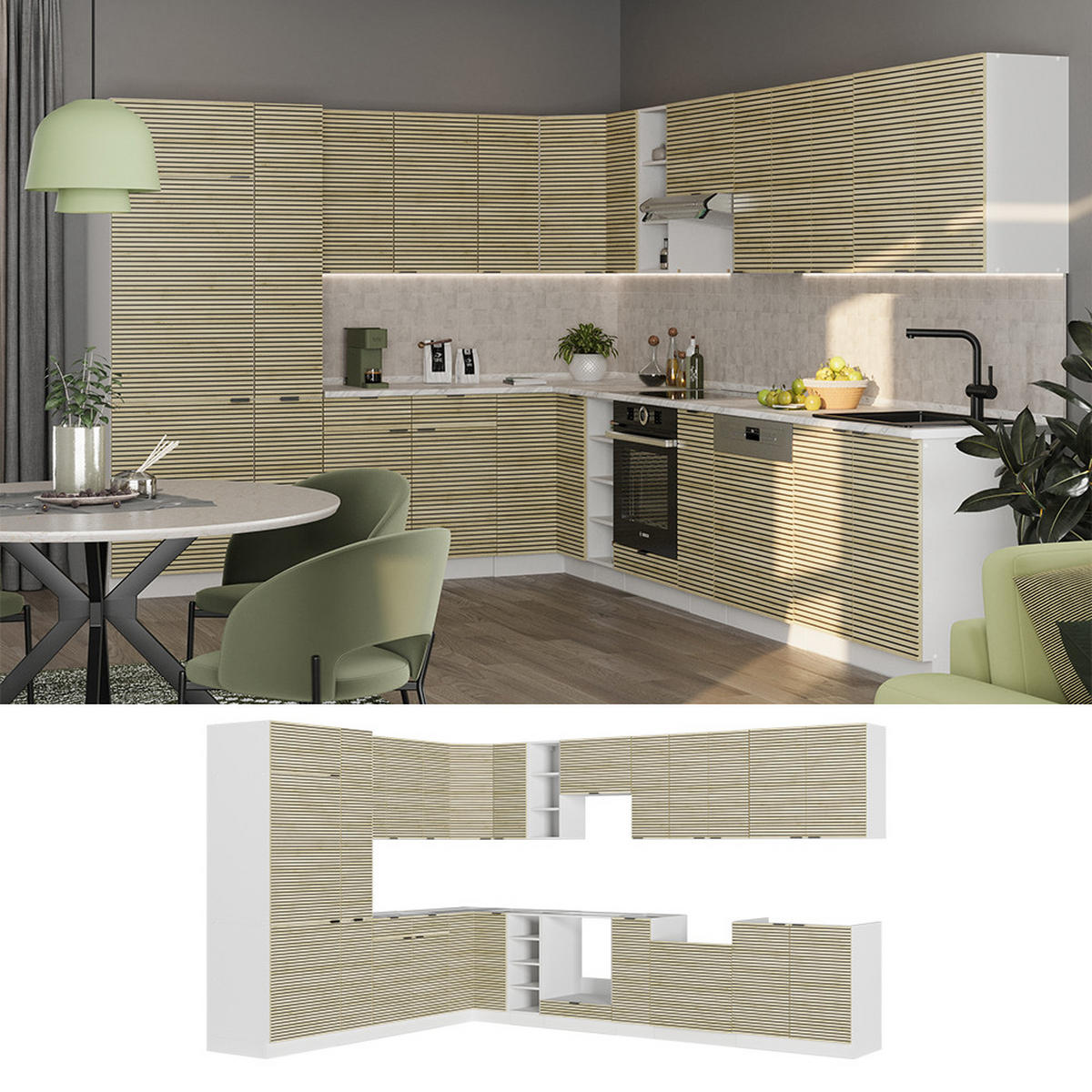 ROHOVÁ KUCHYŇ Fame-Line Dubový panel/bílá - bílá/barva dubu, kompozitní dřevo (347/81.6/46cm) - Vicco