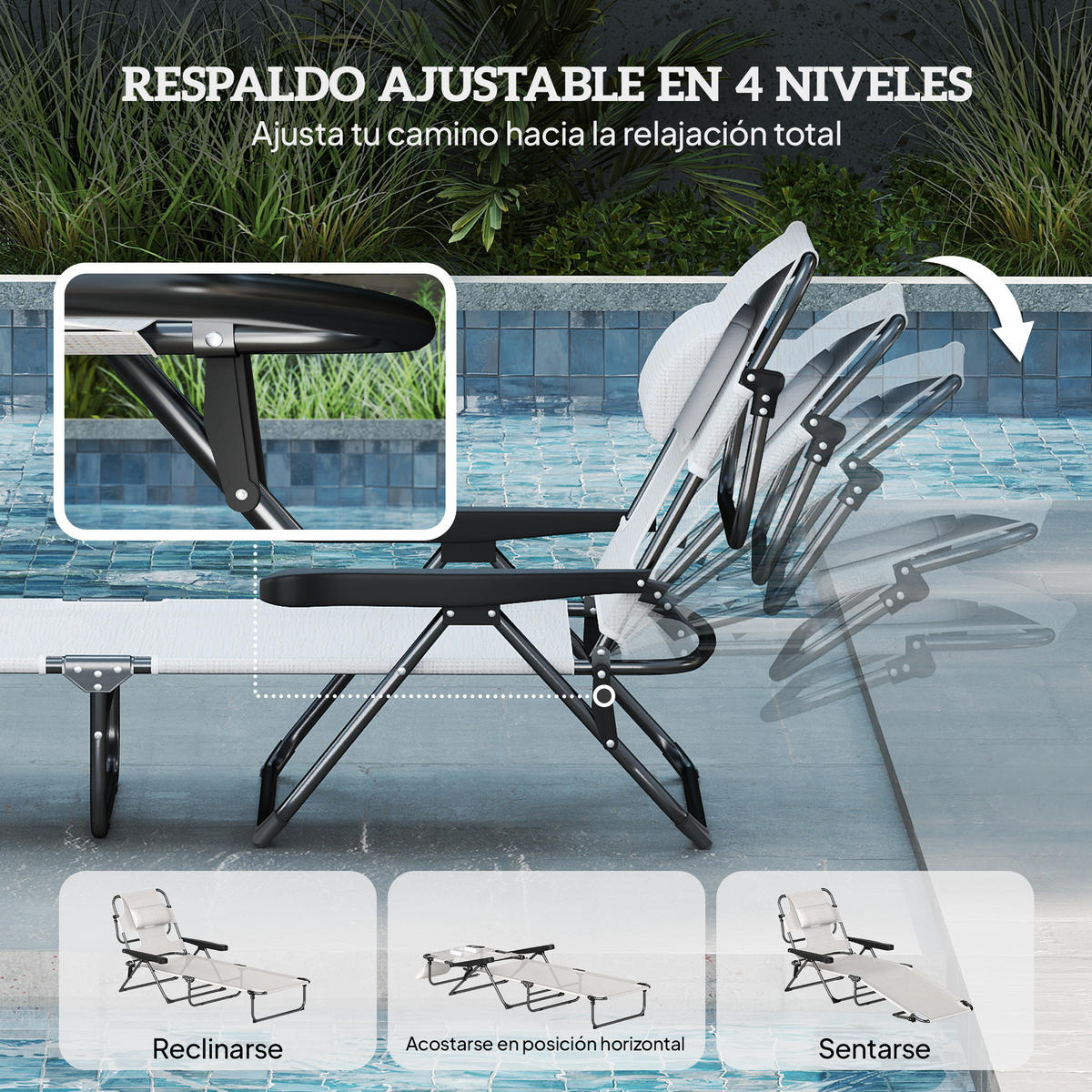 SONNENLIEGE Klappbare Gartenliege mit 4-fach verstellbarer 145 x 72 x 89 cm ,Creme - Creme, Metall (145/89/72cm) - Vallsero