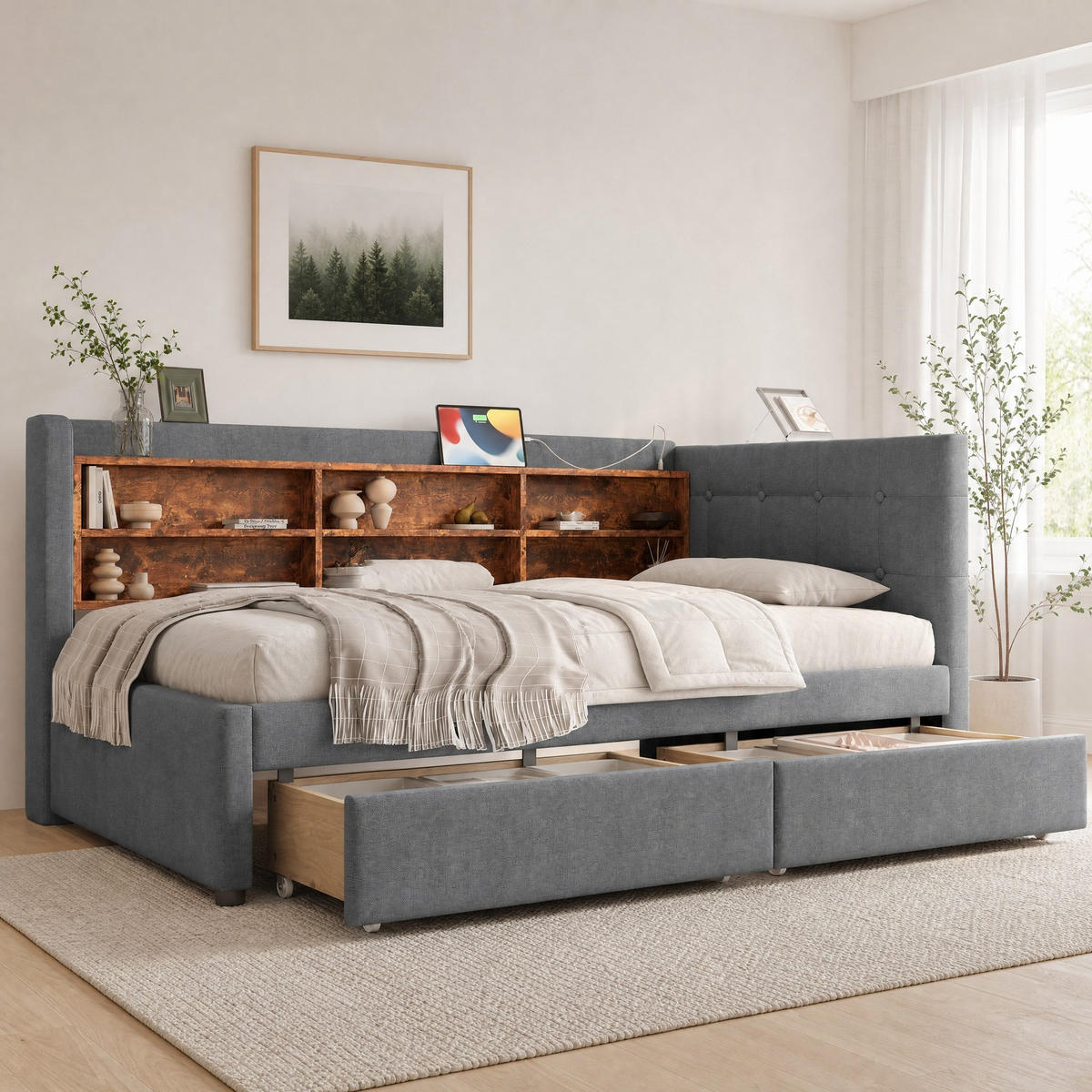 POLSTERBETT 90/200 mit 2 Schubladen, USB, Type-C, Ablagefächern und Lattenrost in Grau - Grau, Holzwerkstoff/Textil (90/200cm) - EVRYAE