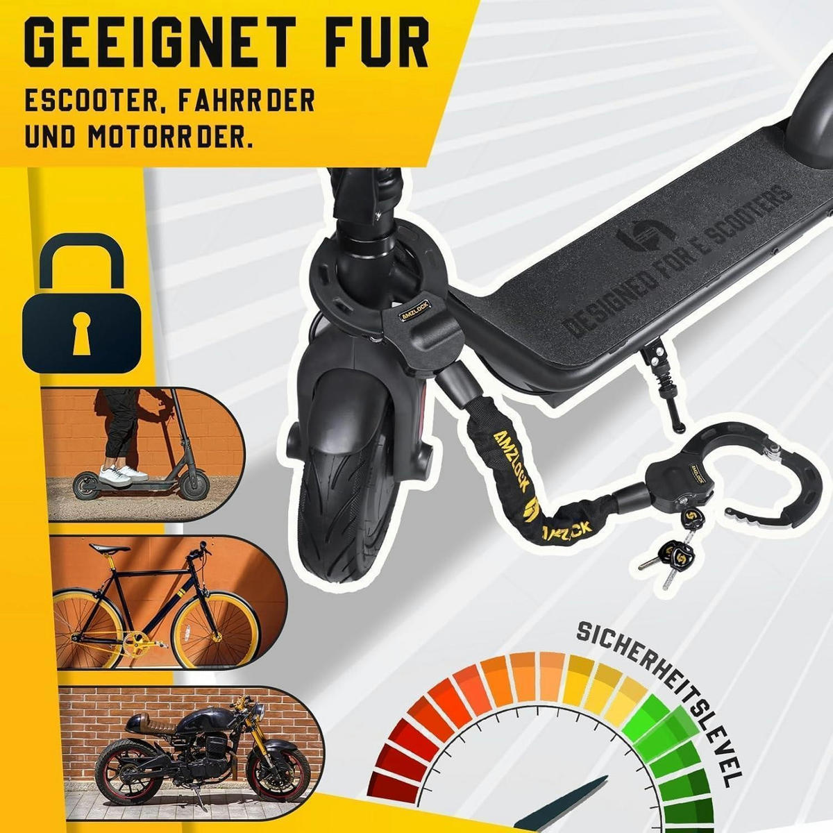 KETTENSCHLOSS für E-Scooter 8 mm Dicke mit Tasche und 3 Schlüsseln - Schwarz, Metall (15/13/30cm)