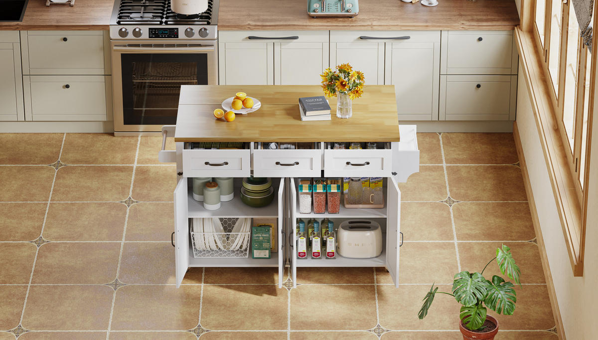 KÜCHENINSEL 140/90,5/43(70) cm Weiß/Natur aus MDF mit klappbarer Arbeitsplatte - Weiß, Holzwerkstoff (70/90.5/140cm) - OKMYHOME