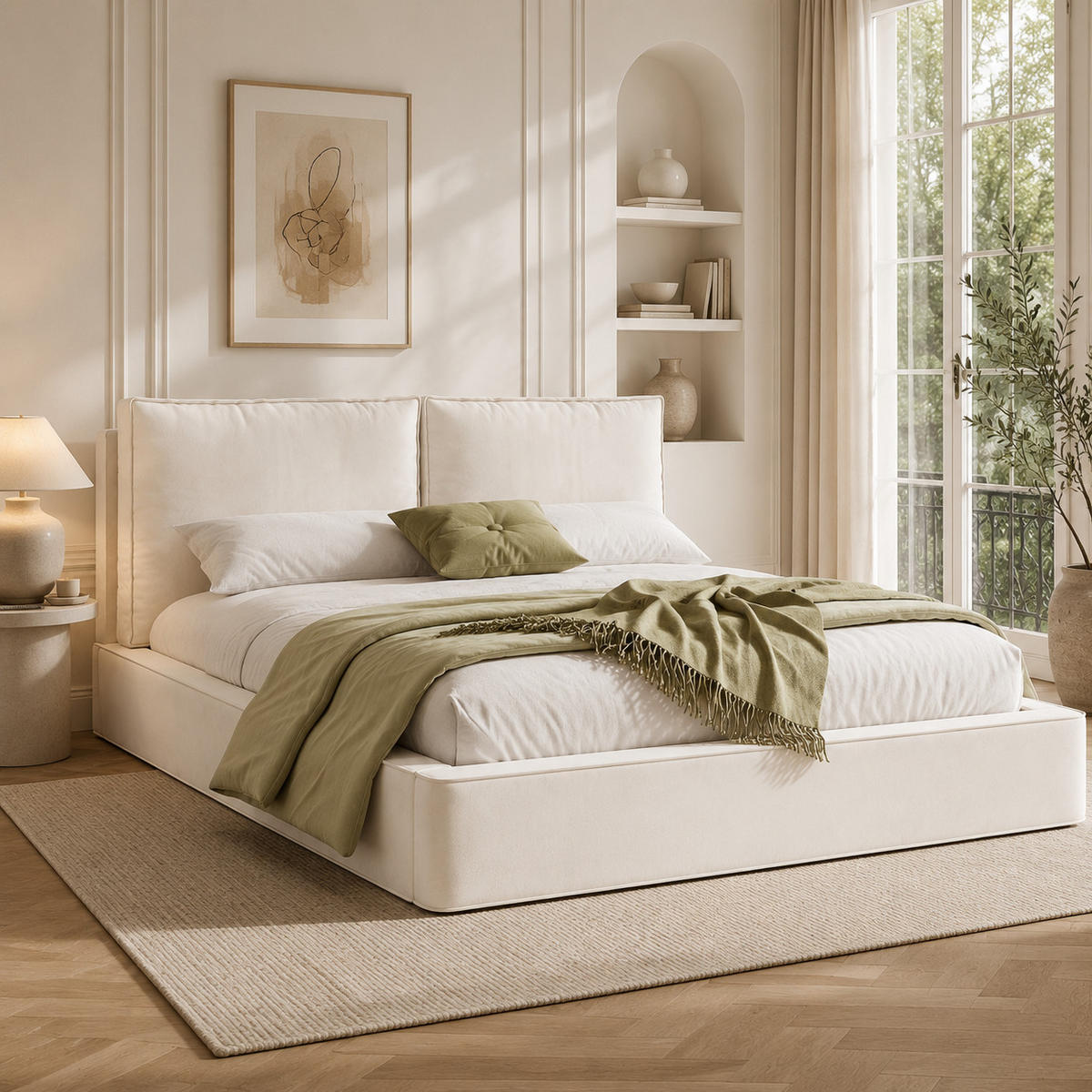 POLSTERBETT 180/200 cm in Beige Chenille mit gepolstertem Kopfteil - Beige, Holzwerkstoff/Textil (180/200cm) - WISHDOR