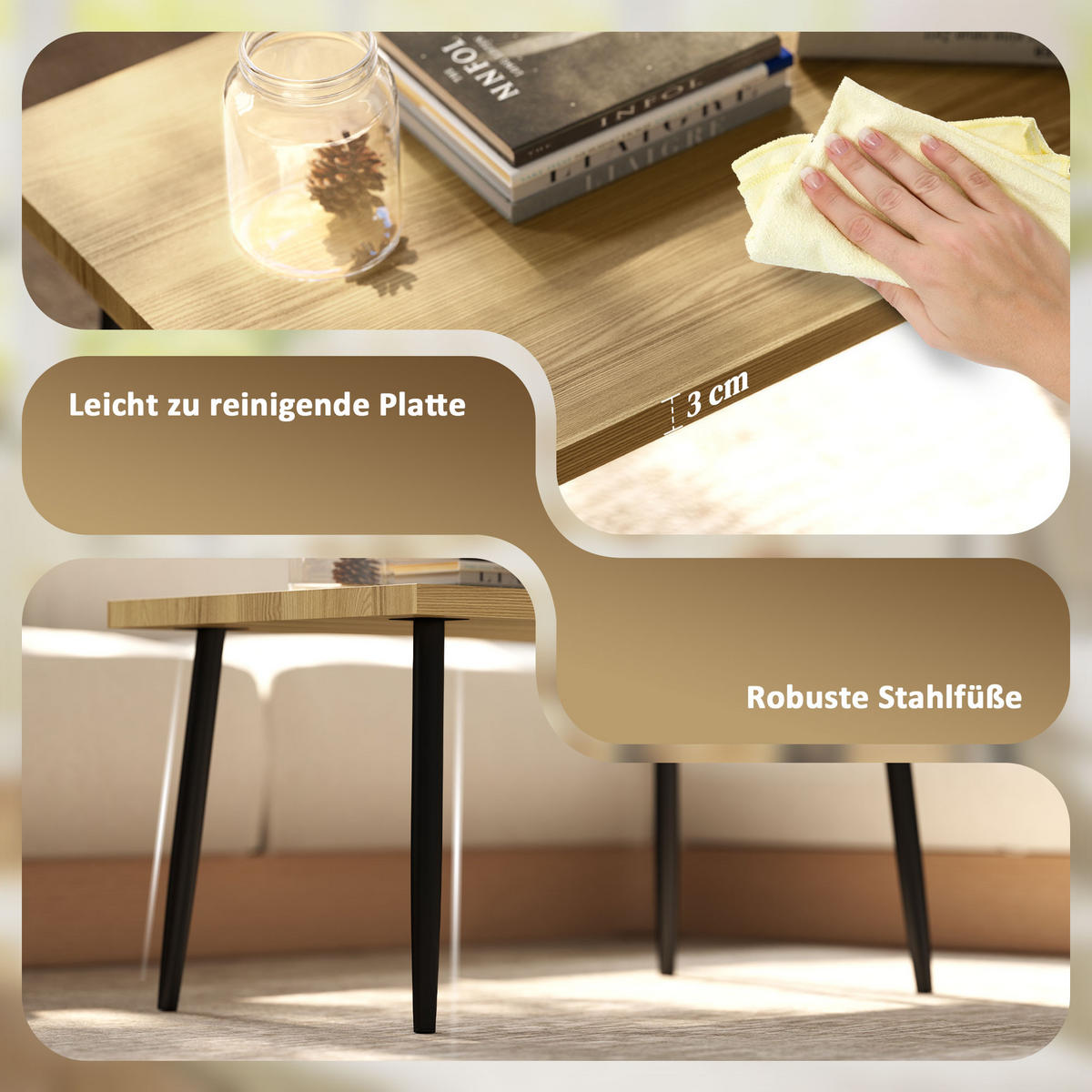 COUCHTISCH 2er Set Beistelltisch mit Stahlrahmen, für Wohnzimmer Natur - Naturfarben, Holzwerkstoff (90/50/45cm) - HOMCOM