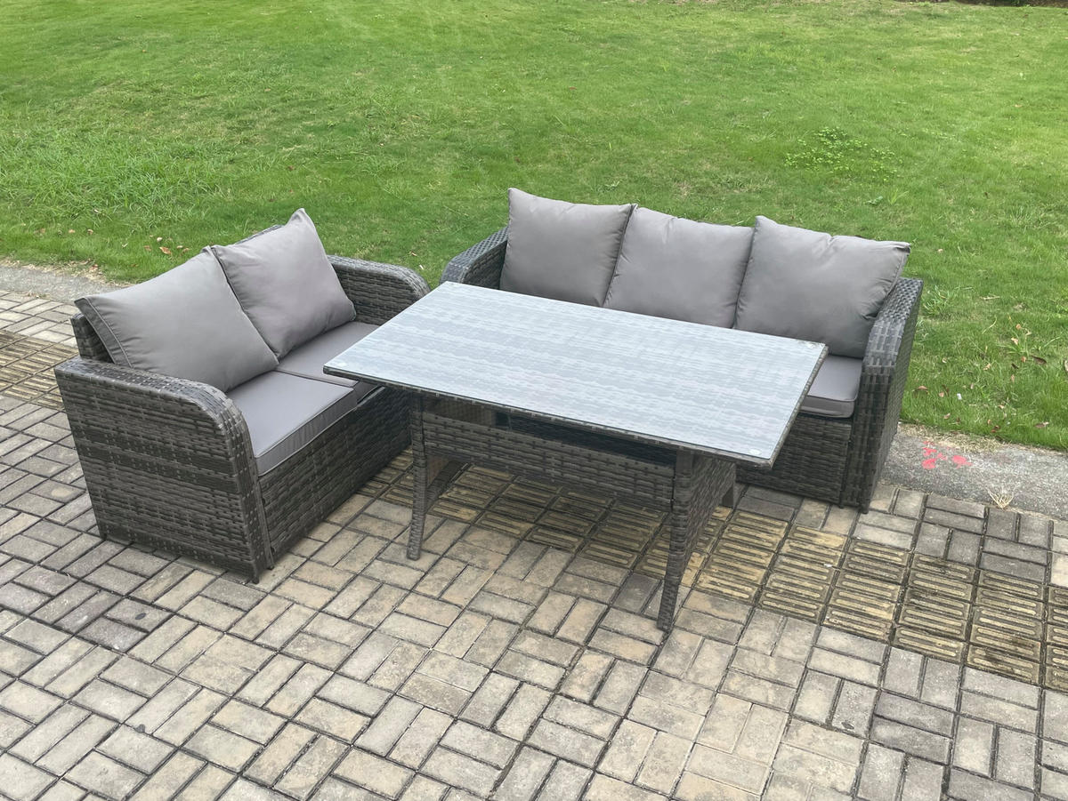 Gartenmöbelset mit Esstisch,Zweisitzer,Beistelltischen Polyrattan Dunkelgrau 5-Sitzer - Dunkelgrau/Grau, Glas/Kunststoff - Fimous