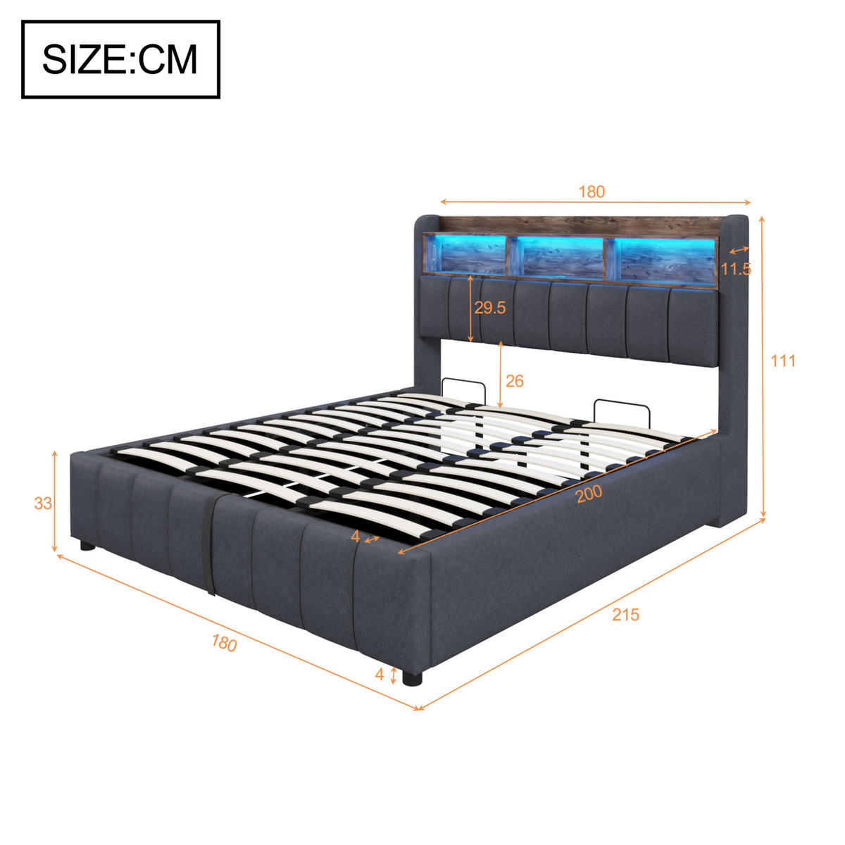 ČALÚNENÁ posteľ 180/200 cm s LED osvetlením, USB a USB-C portom a hydraulickým úložným priestorom, Sivá - sivá, textil (180/200cm) - Redom