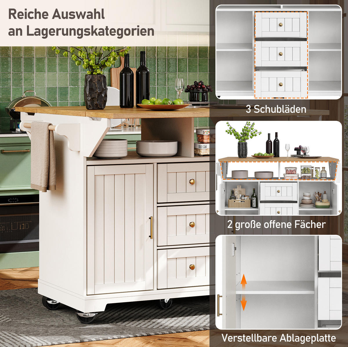 KÜCHENINSEL 120x80x95cm weiß/Holzoptik mit Klapptisch & 5 Rollen - Weiß, Holzwerkstoff (120/95/80cm) - Modfu