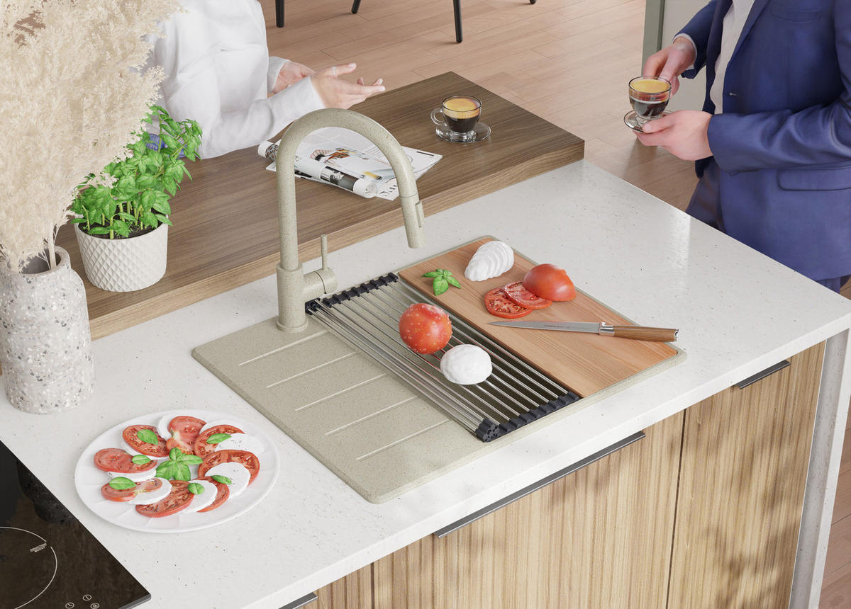 SPÜLBECKEN Kopenhagen, 2-er set Beige 62/50 cm 1 Becken + Ablauf-Set + Schneidebrett ab 50er Unterschrank - Beige, Kunststoff (62/20/50cm) - Primagran