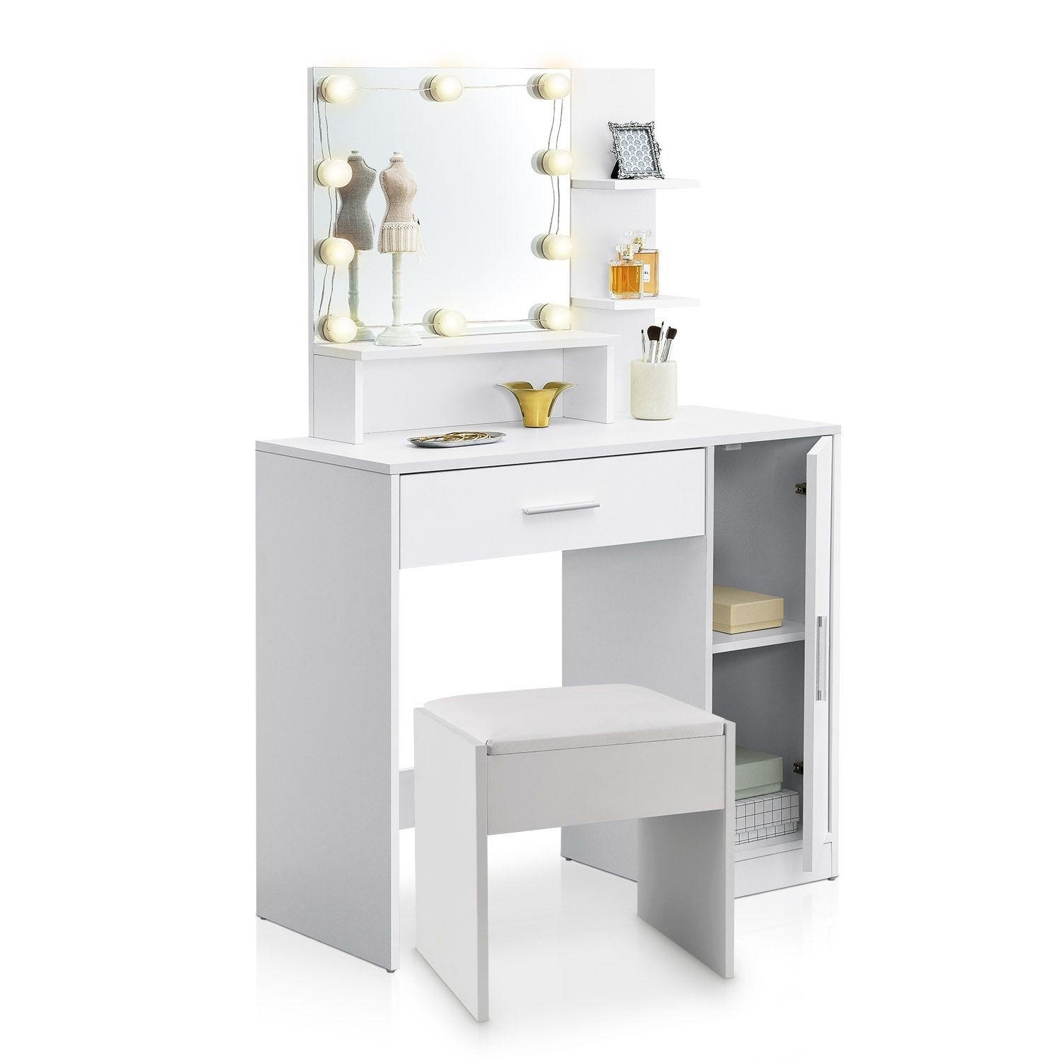 SCHMINKTISCH Zoey mit Schrank und Hocker Melly - Weiß, Holz (38/137/90cm) - Juskys