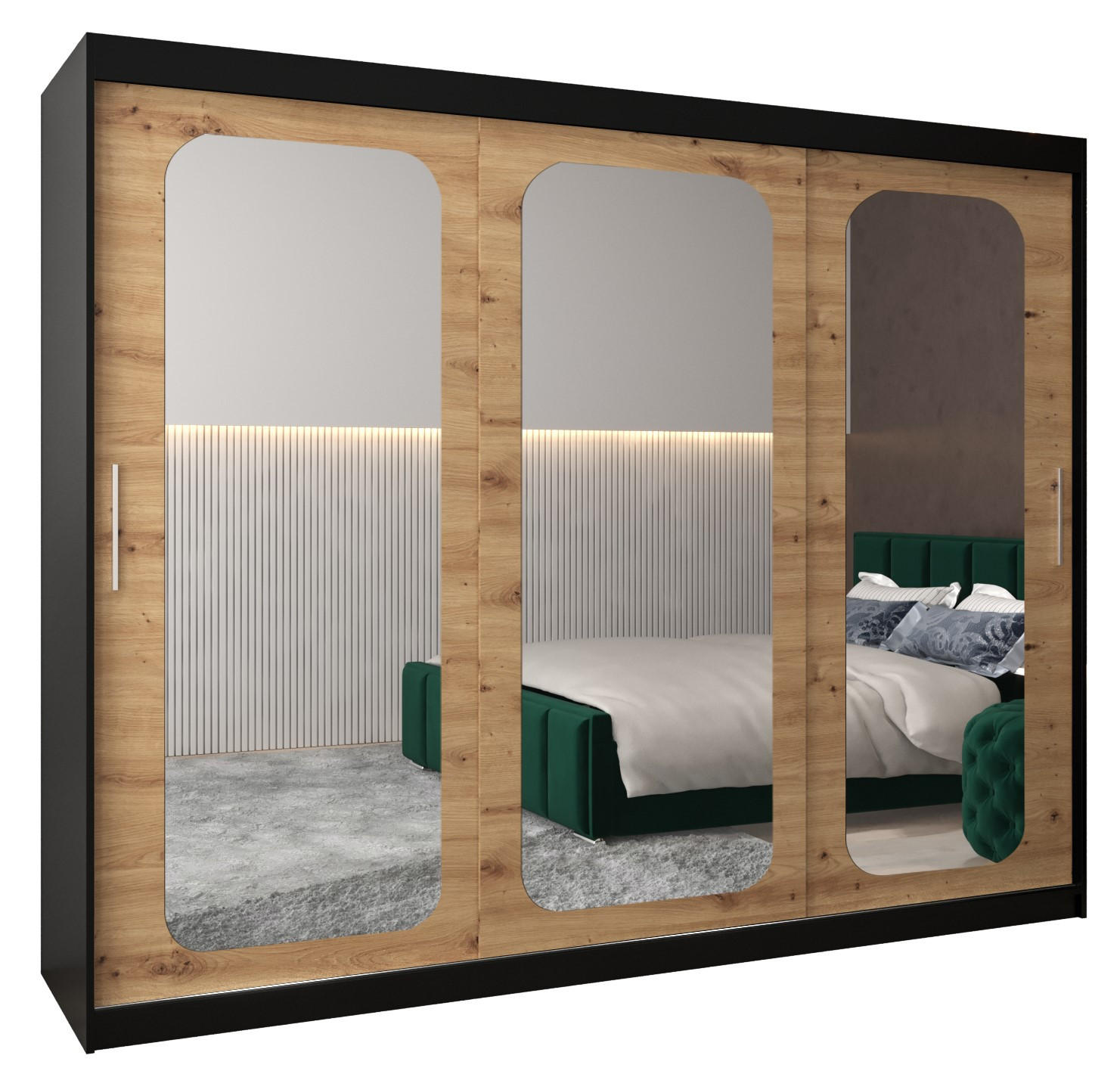 Abiks Möbel Schwebetürenschrank Schwarz, Eiche Artisan 250x200x62 cm