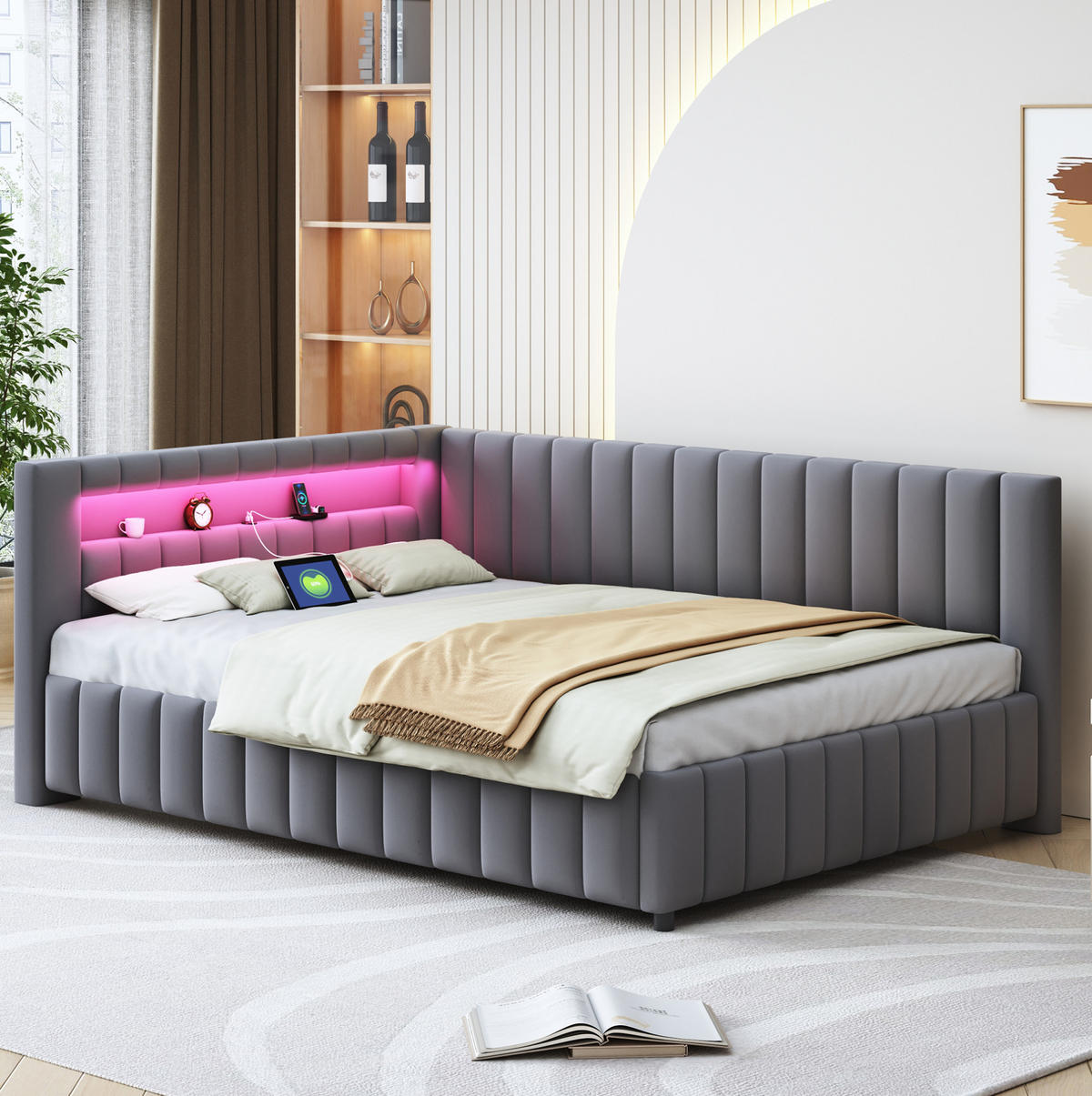 POLSTERBETT 140/200 cm grau aus Samtstoff mit LED-Licht und USB-Anschluss - Grau, Textil (140/200cm) - OKMYHOME