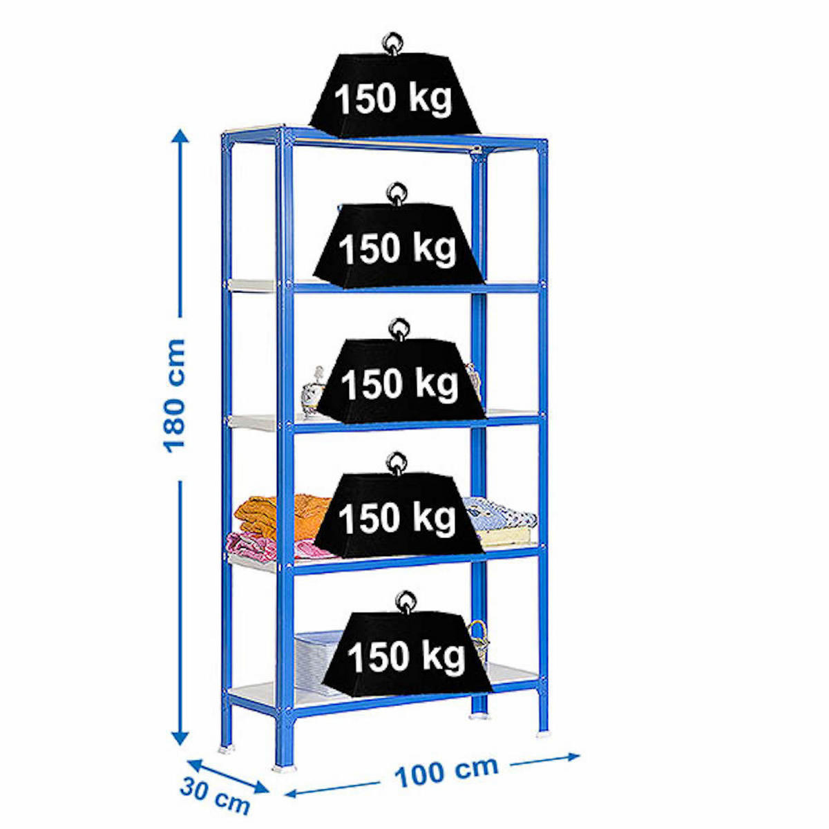 WOHNREGAL LIVING KOALA METAL mit 5 Fachböden | HxBxT 180x100x30cm | Fachlast 150kg | Blau/Weiß - Blau, Metall (100/180/30cm) - PROREGAL