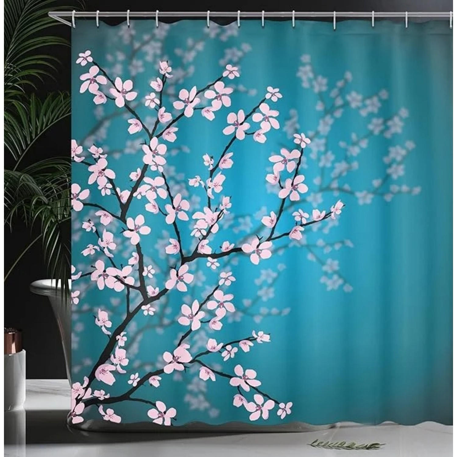 DUSCHVORHANG Blau Rosa Stoff Muster Sakura Dekor Badezimmer mit Haken - Grün, Textil (180/180cm) - MCBOSON