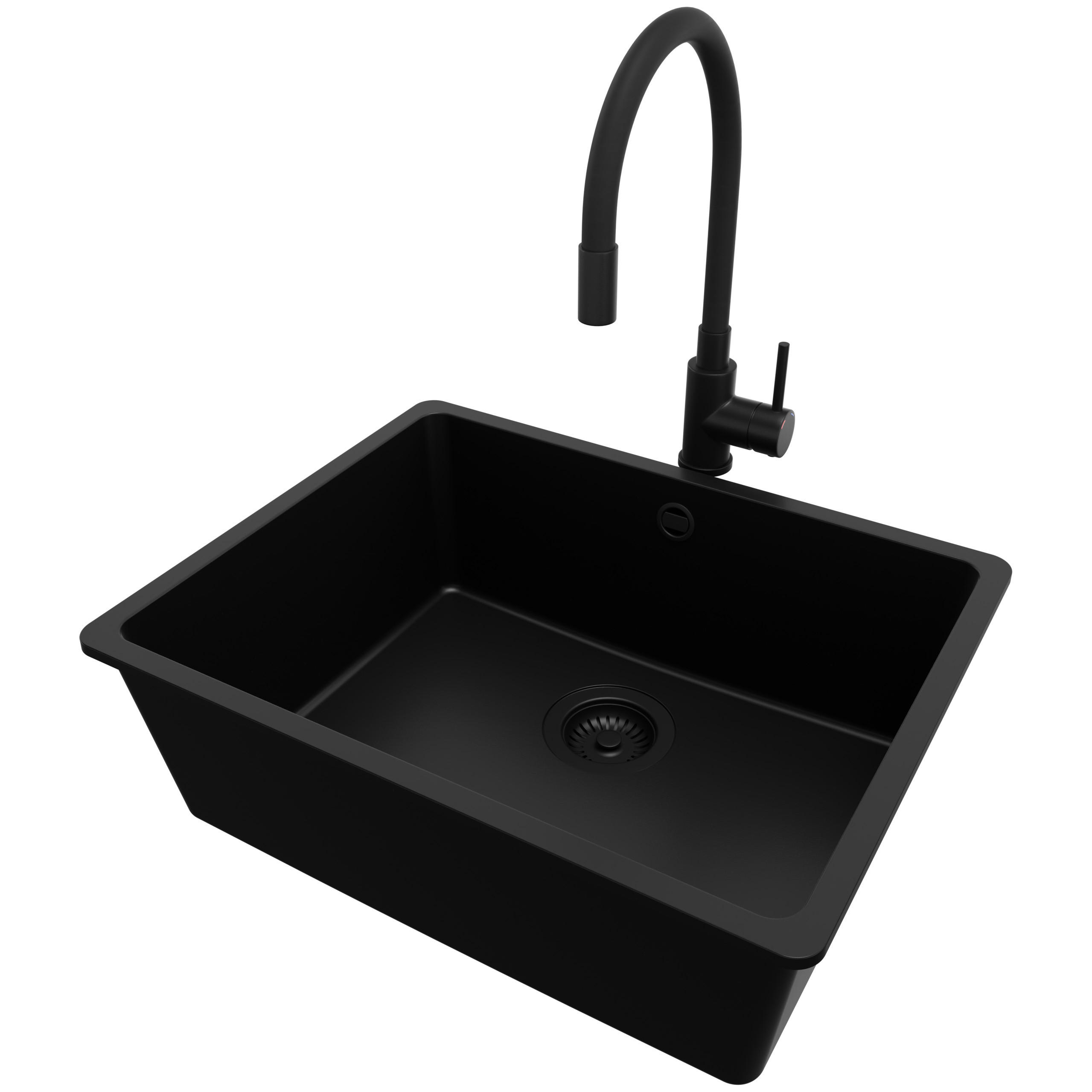 GRANITSPÜLE Venedig Slim Easy, 2-er set Alles Schwarz 56/44 cm 1 Becken + Küchenarmatur 40/38 cm + Ablauf-Set ab 60er Unterschrank - Schwarz, Kunststoff (56/20/44cm) - Primagran