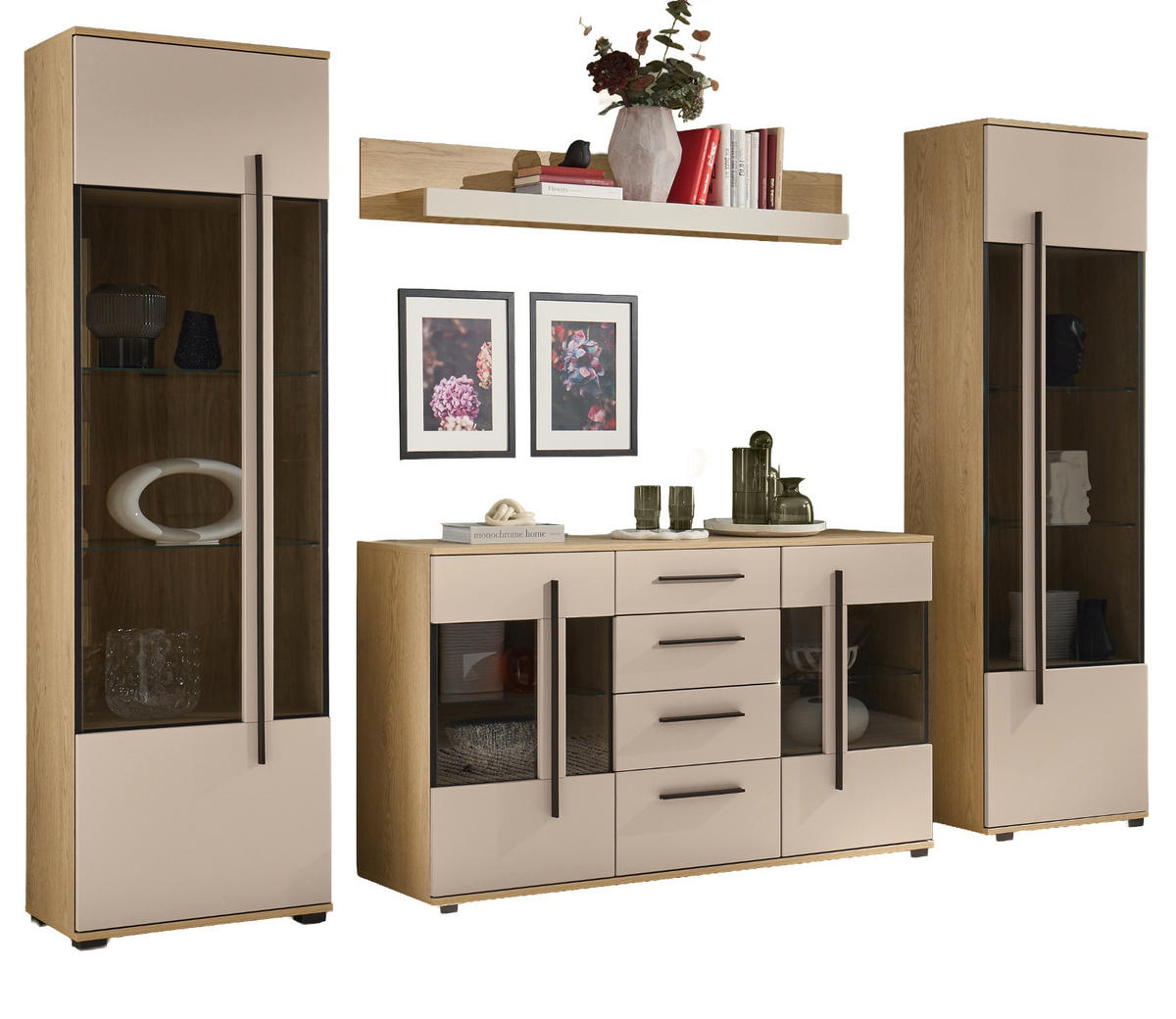 WOHNWAND Kaschmir, Eiche 4-teilig 290 cm, Wohnkombination mit Soft-Close - Kaschmir/Eichefarben, Glas/Holzwerkstoff (290/200/37cm) - Furn.Design