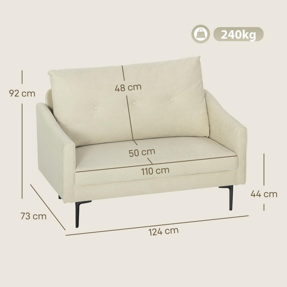 DVOSJED, 124/73/92 cm, metal/tapeciranje krem bijeli - krem, metal (73/92/124cm) - BEAOK