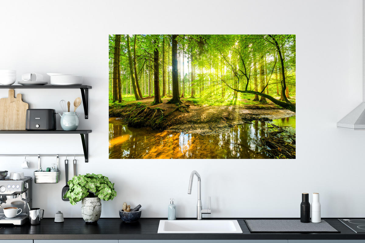 WANDTATTOO Wald - Landschaft - Wasser - Bäume - Sonne - Grün - Natur 120x80 cm - Grün, Kunststoff (120/80/0.1cm) - MuchoWow