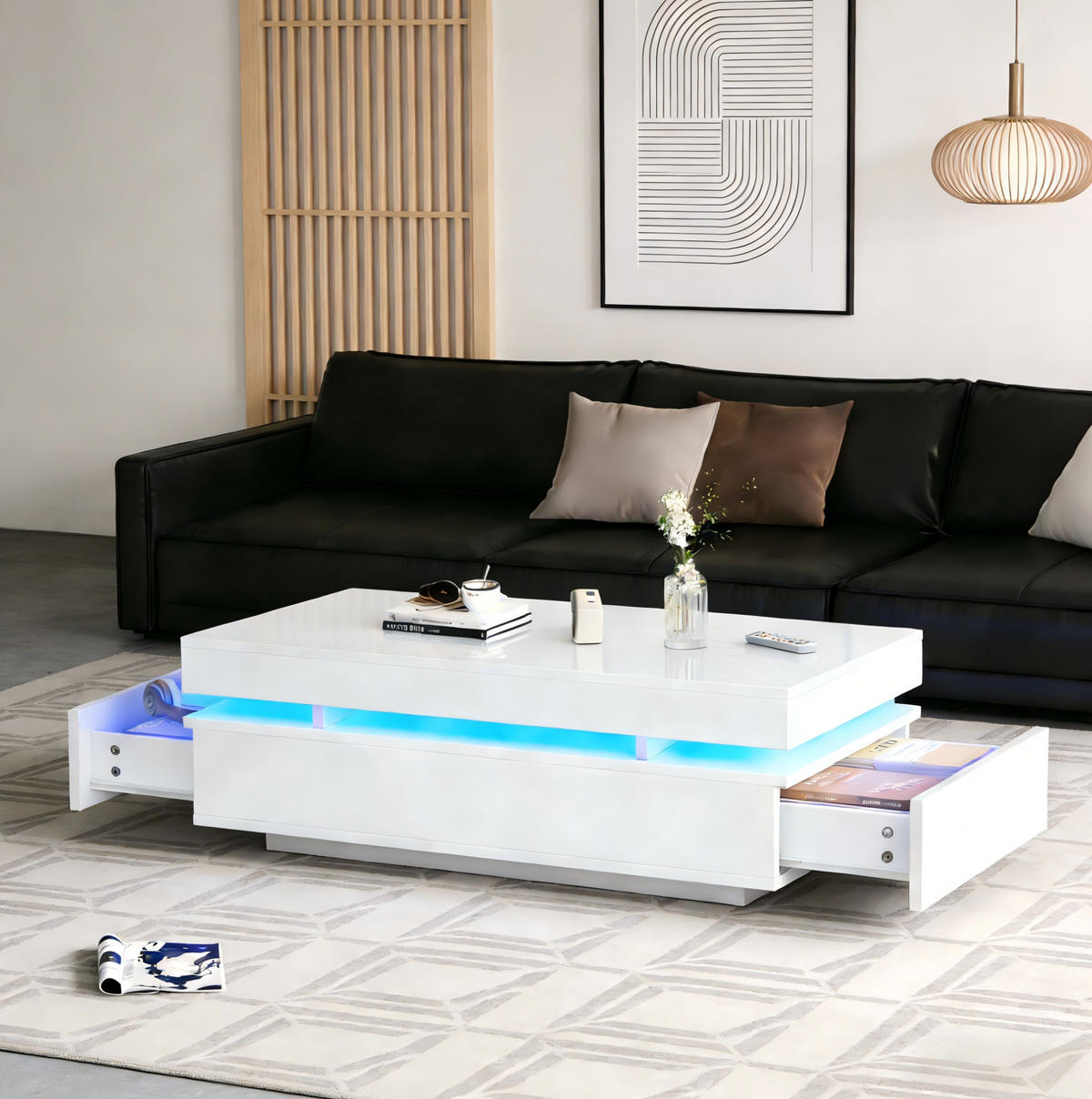 COUCHTISCH aus Spanplatte 100x50x35 cm Weiß Hochglanz mit 2 Schubladen und LED-Beleuchtung - Weiß, Holzwerkstoff (100/50/35cm) - IVMEU