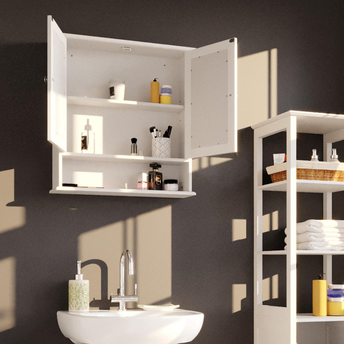 BADSPIEGELSCHRANK Bianco Weiß 56 x 58 cm - Weiß, Holzwerkstoff (56/58/13cm) - Vicco