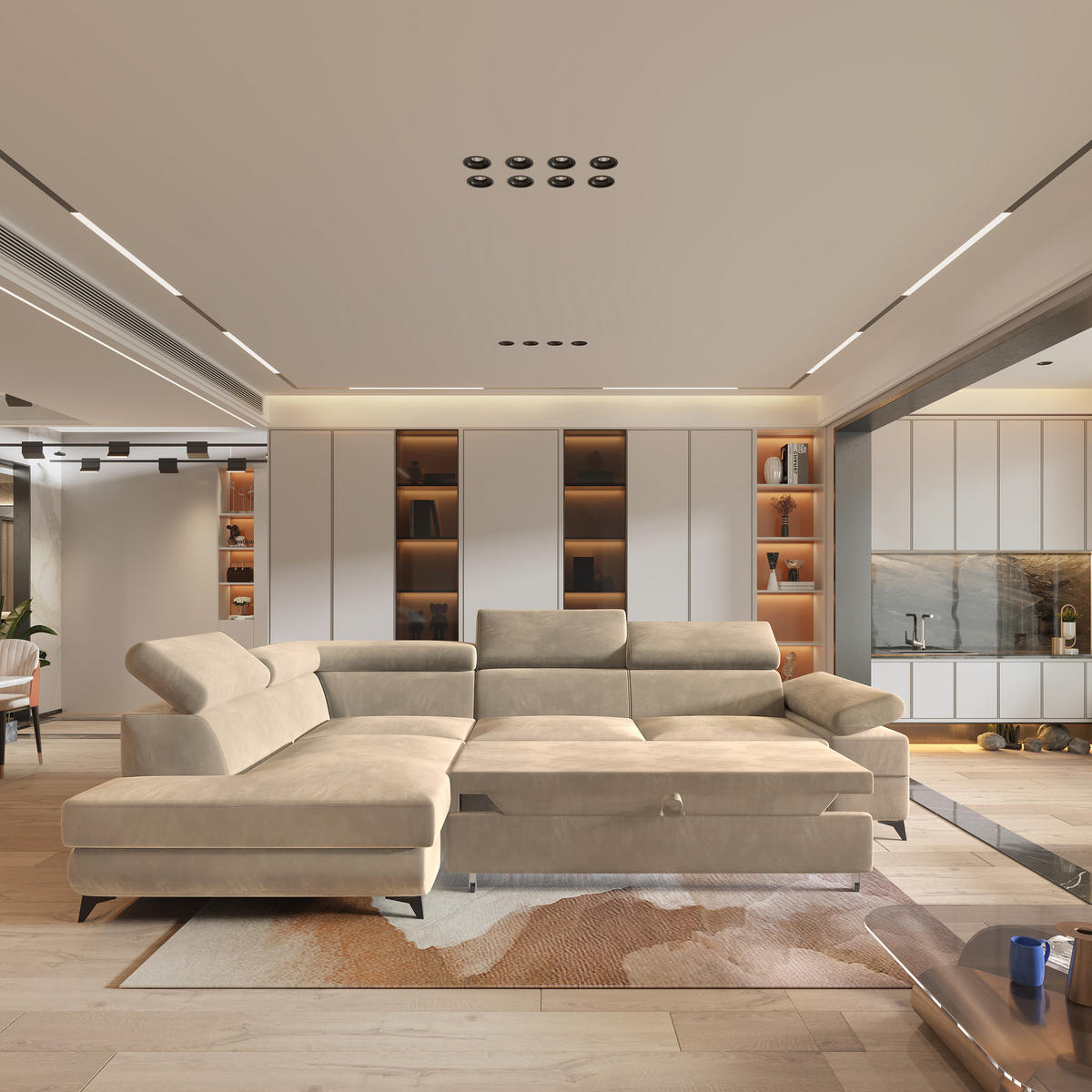 ECKSOFA FAVIEN L-S Creme Velours-Stoff mit Schlaffunktion - Creme, Holz (257/190cm) - MASSENO