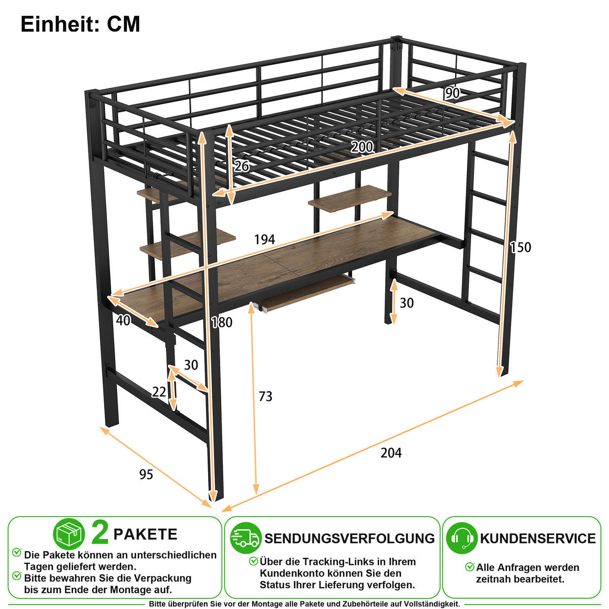 VYVÝŠENÁ POSTEL 90/200 cm v černé barvě se stolem a 2 policemi - černá, kov/kompozitní dřevo (90/200cm) - CHICFURN