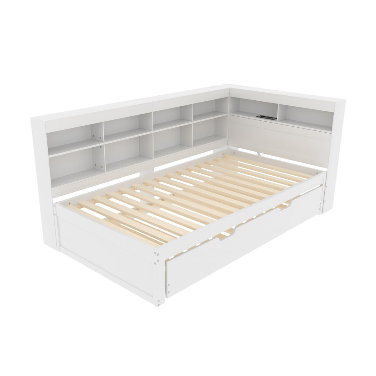 FUNKTIONSBETT 90/200 cm mit Ausziehbett 90/190 cm, USB-Anschluss und Stauraum, Massivholz, Weiß - Weiß, Holz (90/200cm) - Redom