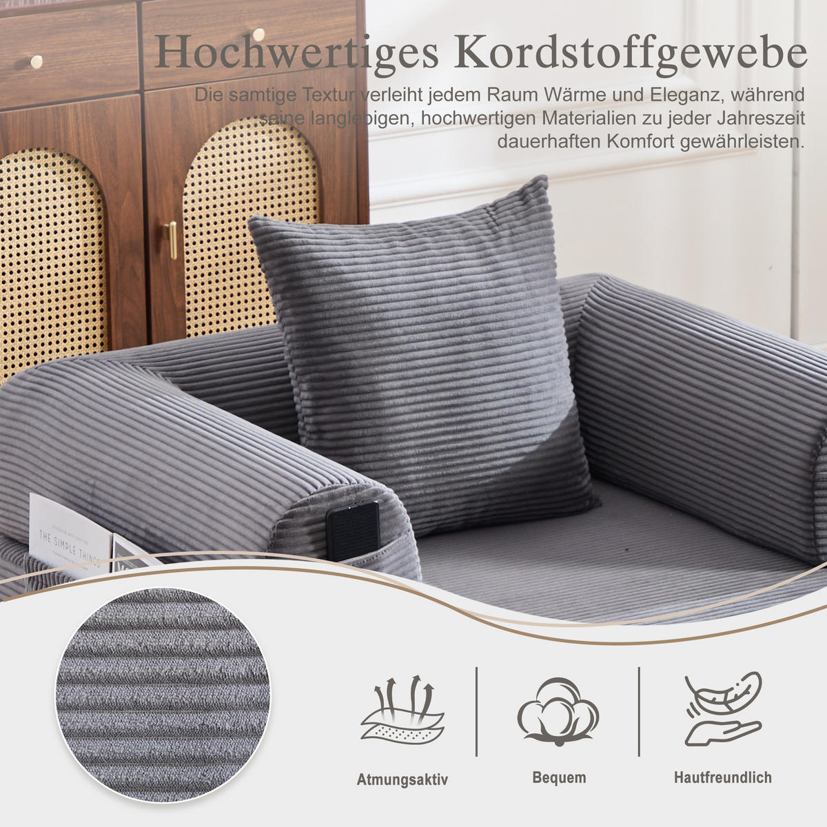 SOFA Cord Dunkelgrau mit Hocker, Kissen und Seitentasche - Dunkelgrau, Textil/Metall (112/67/190cm) - WISHDOR