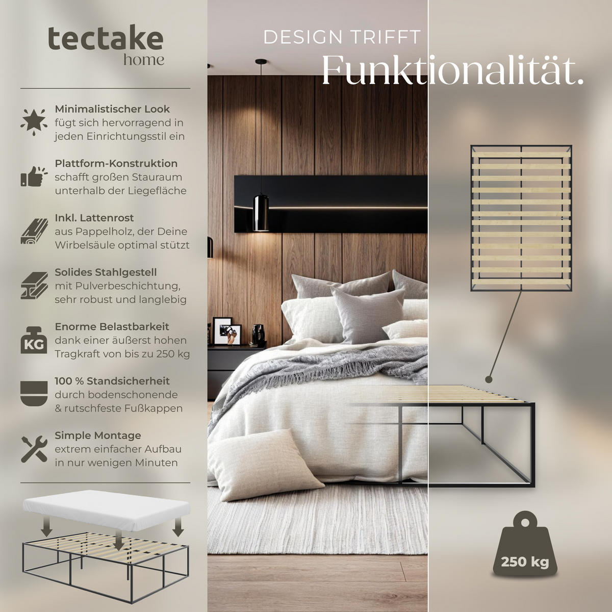 BETT Kyoto,Belastbarkeit 250 kg, bodenschonende Kunststoffkappen,schwarz - Schwarz, Metall - tectake