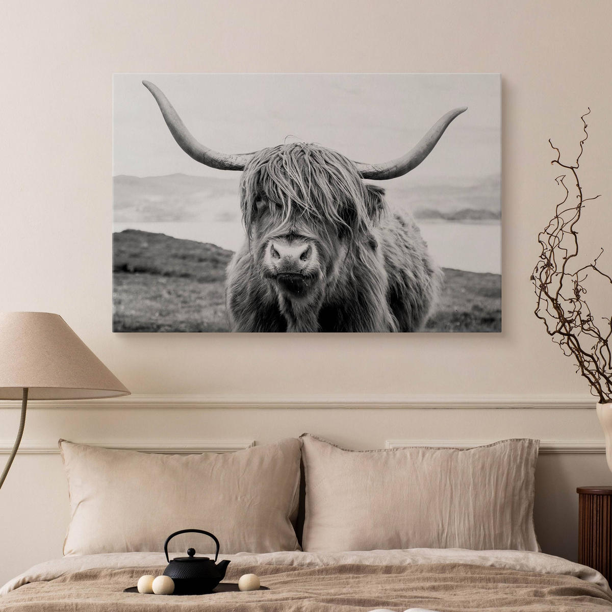 LEINWANDBILD Schottische Kuh Tier Natur Landschaft 3D 100/70 cm - Schwarz/Weiß, Textil (100/70cm) - Muralo