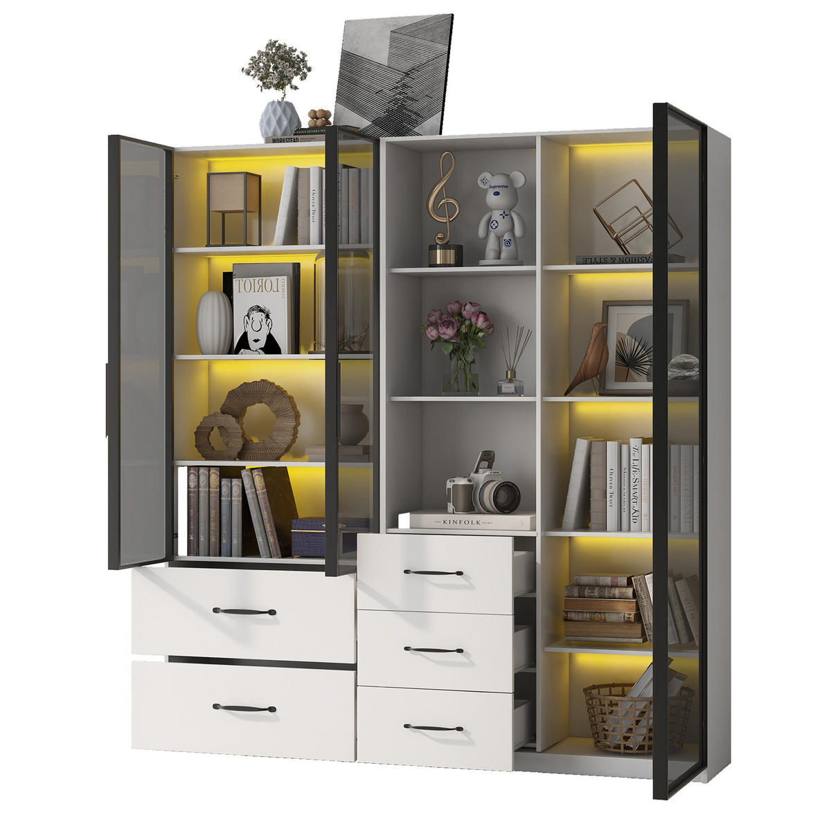 HIGHBOARD mit LED-Beleuchtung 140/40/160 cm in Weiß mit Glastüren und Schubladen - Weiß, Holzwerkstoff (140/160/40cm) - BEAOK