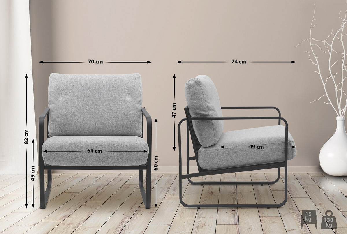 SESSEL Stoff hellgrau - Hellgrau/Schwarz, Textil/Metall (70/82/74cm) - CLP