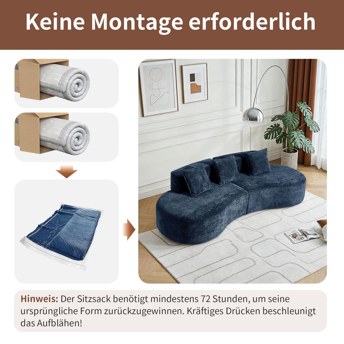 ECKSOFA Samtbezug inklusive Zierkissen 277/103/68 cm Blau - Blau, Textil (103/277cm) - Redom
