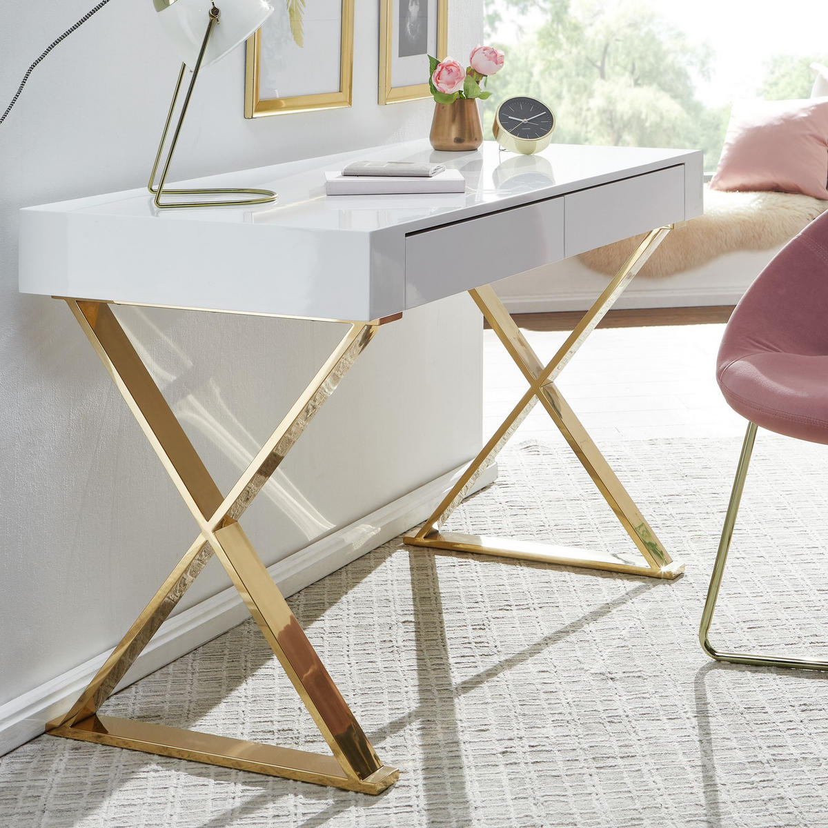 SCHREIBTISCH – Weiß Hochglanz, goldene Beine, 2 Schubladen, modern - Goldfarben/Weiß, Holz/Metall (57/118/76cm) - KADIMA DESIGN