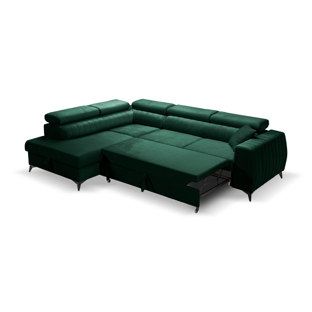 ECKSOFA PIERO L Links mit Schlaffunktion 195x125 Velours Dunkelgrün - Dunkelgrün/Schwarz, Holz/Textil (268/203cm) - Muffo