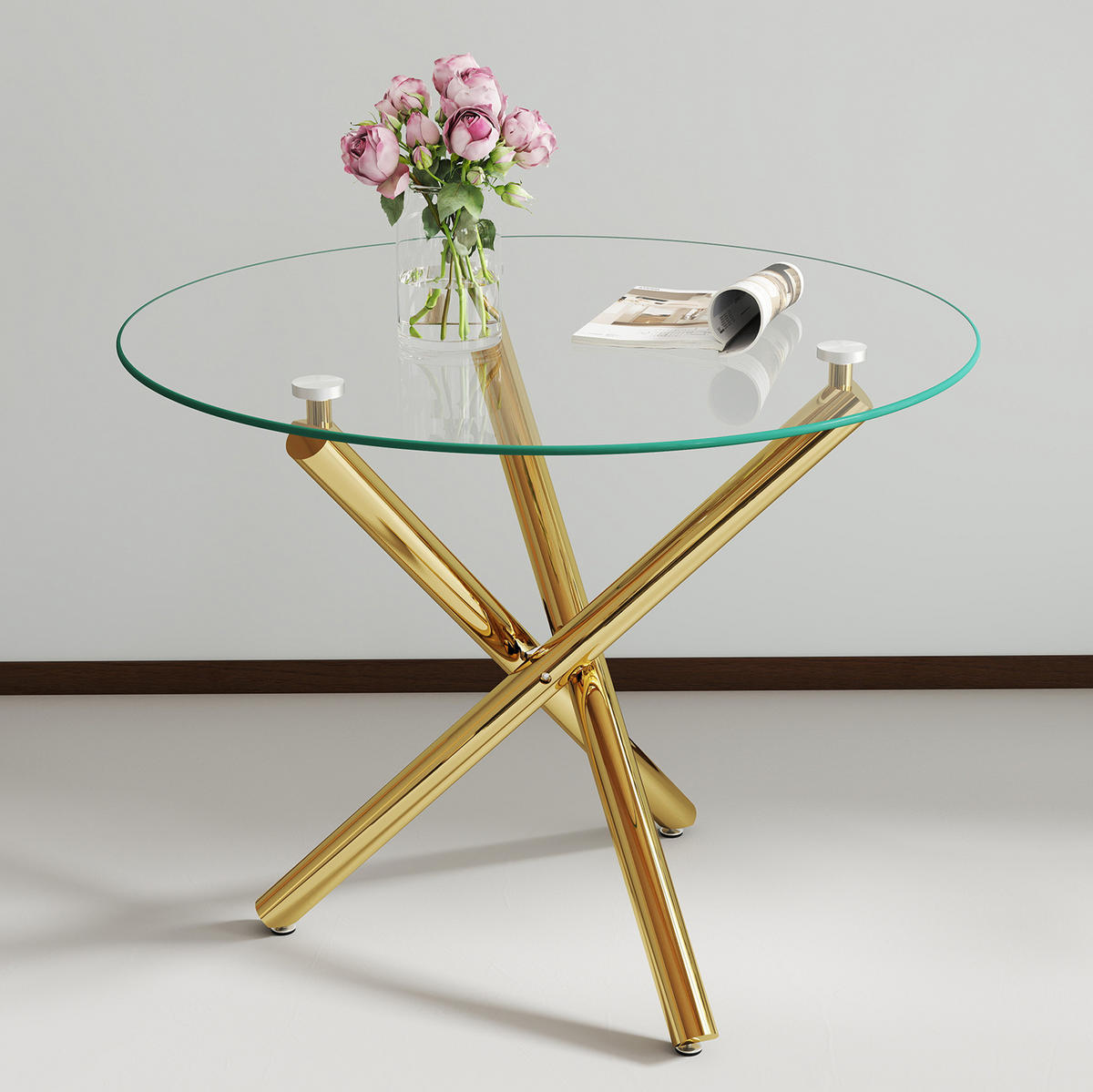 ESSTISCH 80/80/76 cm mit Tischplatte aus gehärtetem Glas, Kreuzfuß und verstellbaren Gleitern, Gold - Goldfarben, Metall (80/80/76cm) - Redom