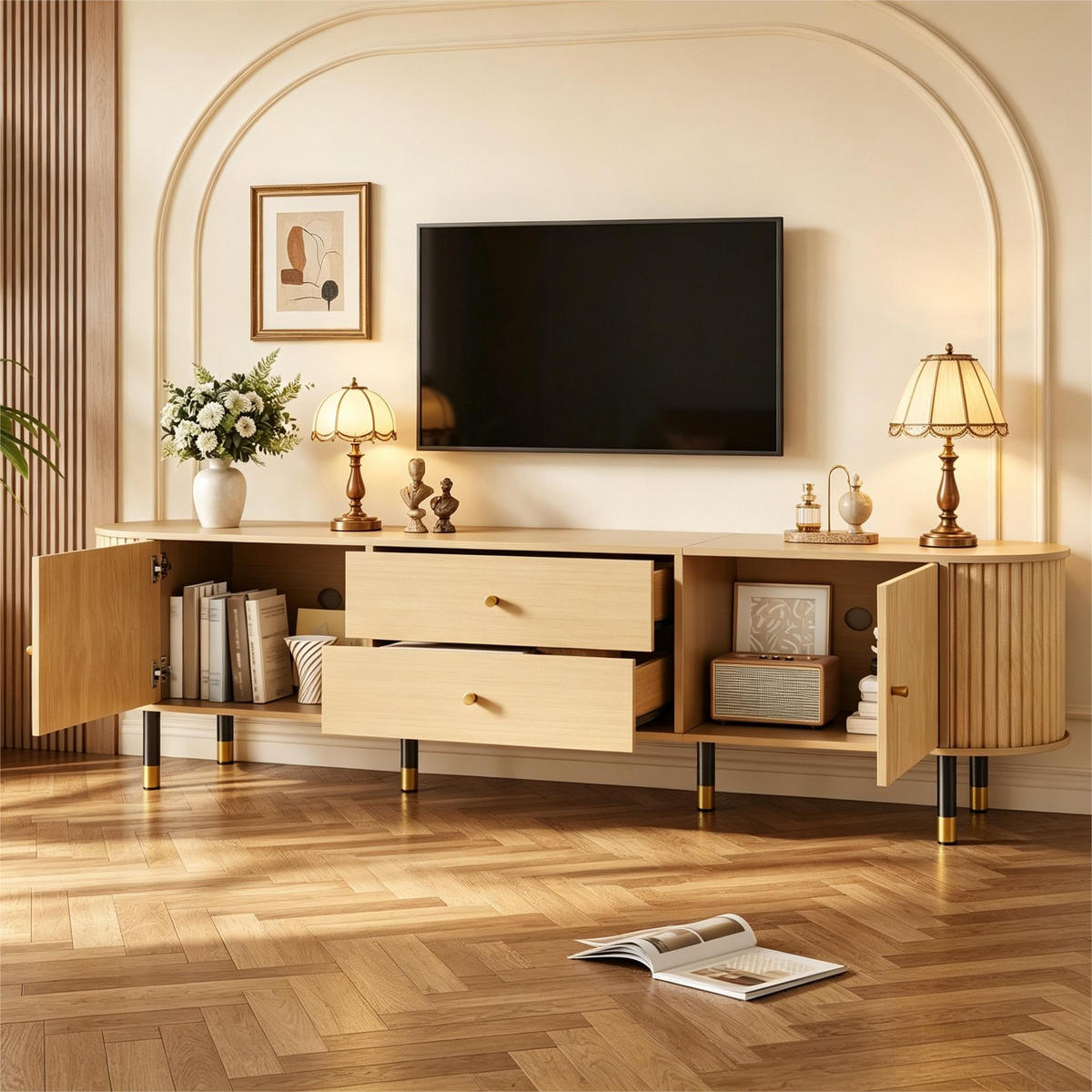 LOWBOARD DE-40464 2 Schiebetüren mit Streifen-Design Holzfarbe - Naturfarben, Holzwerkstoff (180/58/40cm) - ComfortXL