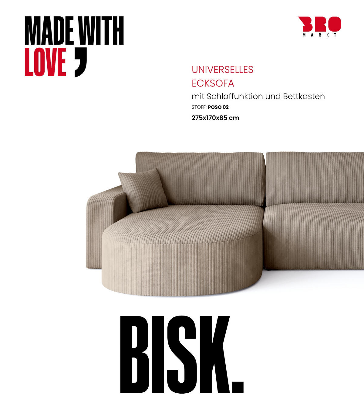 ECKSOFA Bisk mit Schlaffunktion Beige Cordstoff - Beige, Textil (275/170cm) - Bromarkt