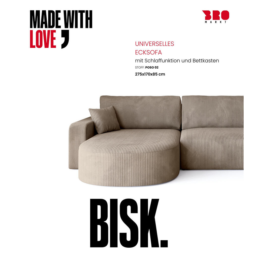 Thumbnail - Bromarkt Ecksofa, Beige, Textil, 3-Sitzer, L-Form, 275x170 cm, Wohnzimmer, Sofas & Couches, Wohnlandschaften, Ecksofas